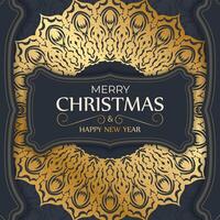 Happy new year flyer template in dark blue color with winter gold pattern vector
