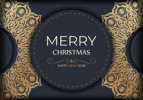 Happy New Year greeting card template in dark blue color with vintage gold pattern vector