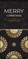 Greeting card Happy New Year and Merry Christmas in black color with gold pattern. vector