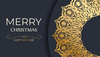 Merry Christmas and Happy New Year greeting card template in dark blue color with abstract gold ornament vector
