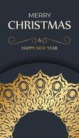 Template Greeting card Merry Christmas in dark blue color with luxury gold ornaments vector