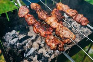 meat on charcoal shish kebab grill, close view photo