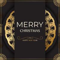 Postcard template Merry Christmas and Happy New Year in black color with gold ornaments. vector