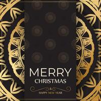 Postcard template Merry Christmas and Happy New Year in black color with gold pattern. vector