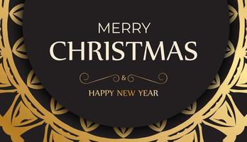 Postcard Happy New Year and Merry Christmas in black color with gold ornaments. vector