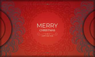 Template Greeting card Happy New Year Red color with vintage burgundy pattern vector