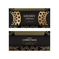 Postcard template Happy New Year and Merry Christmas in black color with gold pattern. vector