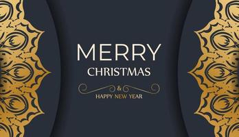 Merry Christmas and Happy New Year greeting card template in dark blue color with winter gold pattern vector