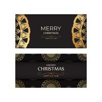 Greeting card Happy New Year and Merry Christmas in black color with gold pattern. vector