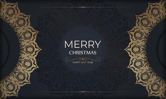 Merry Christmas and Happy New Year greeting brochure template in dark blue color with vintage gold ornament vector