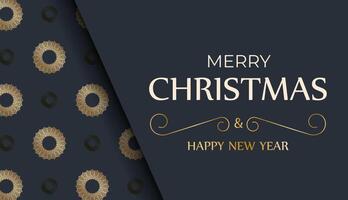 Merry Christmas and Happy New Year greeting card template in dark blue color with vintage gold pattern vector