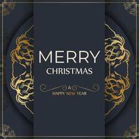 Merry Christmas and Happy New Year flyer template in dark blue color with vintage blue pattern vector