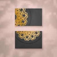 Business visiting card template in black color with mandala gold pattern for your contacts. vector