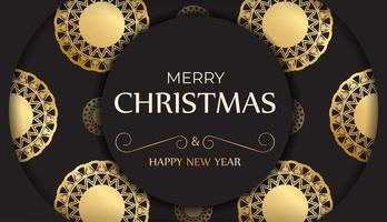 Greeting card Merry Christmas and Happy New Year in black color with gold pattern. vector