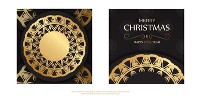 Black Merry Christmas and Happy New Year flyer template with gold ornaments. vector