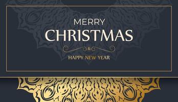Merry Christmas and Happy New Year greeting card template in dark blue color with abstract gold pattern vector