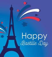 france eiffel tower with fireworks of happy bastille day vector design