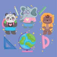 regreso a la escuela, panda elefante oso globo regla dibujos animados vector