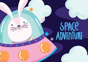conejo en ovni explorar dibujos animados de aventura espacial vector