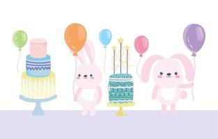 happy birthday, cute rabbits with cakes and balloons cartoon celebration decoration card vector