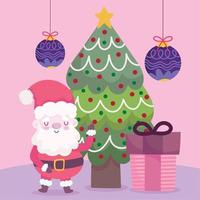 merry christmas santa with tree gift and balls decoration and celebration vector