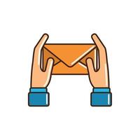 manos con sobres correo postal línea de mensajería y relleno vector