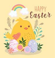 happy easter little chicken eggs and flowers decoration rainbow vector