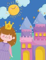 linda princesa con corona y castillo dibujos animados de día soleado vector