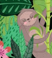 sloth hanging on tree branch flower leaves safari cartoon vector