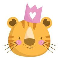 cute tiger head animal with crown cartoon character vector