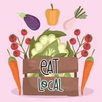 eat local fresh food vegetables tomatoes carrot eggplant pepper and cauliflower in basket vector