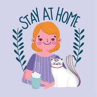 stay at home, young man with coffee cup and cat quarantine covid 19 vector