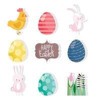 happy easter cute rabbits hen eggs flower leaves icons vector