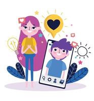 mujer joven y niño chateando teléfono inteligente redes sociales románticas vector