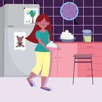 people cooking, girl holding bowl with cream in the kitchen vector