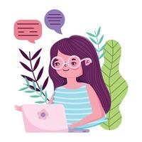 stay at home, young woman with laptop chatting quarantine prevention, covid 19 vector