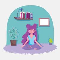 happy girl practicing yoga activity sport exercise at home vector