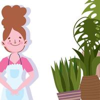 people cooking, woman with apron and potted plant vector