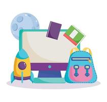 back to school, computer online backpack books rocket planet science elementary education cartoon vector