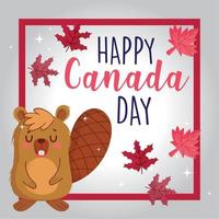 Beaver with frame canadian maple leaves of happy canada day vector design