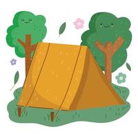 camping tent forest trees foliage in cartoon style vector