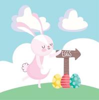 happy easter cute rabbit with eggs and arrow on grass vector