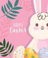 happy easter cute white rabbit with decorative eggs foliage vector