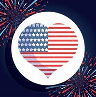 corazón de bandera del día de la independencia de estados unidos con diseño de vector de fuegos artificiales