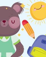 back to school, cute little bear backpack pencil sun cartoon vector