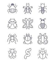 conjunto de diferentes insectos o bichos animales pequeños estilo lineal vector