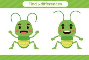 Find five differences of insect Education game for kids Educational page vector