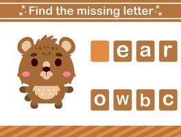 Find the missing letter of animal.suitable for preschool.Educational page for kids vector