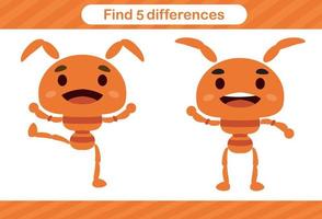 Find five differences of insect Education game for kids Educational page vector