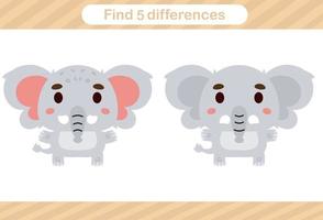 encuentra cinco diferencias del juego de educación animal para niños página educativa vector